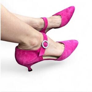Vintage Liz Claiborne Pink Suede Leather Heels Rhinestone Buckle Size 9.5N